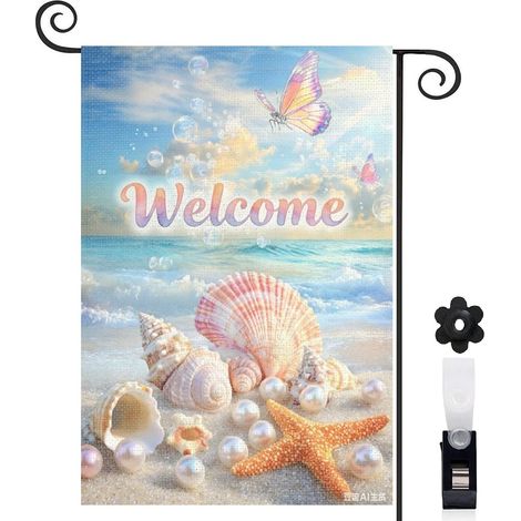 Drapeau de jardin bienvenue 30 x 45 cm motif coquillages escargots et perles style océan toile double face (1/5)