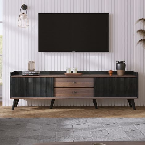 Meuble TV 160 cm noir & bois, 2 portes coulissantes striées, 2 tiroirs, rebord, kit anti-basculement (1/5)
