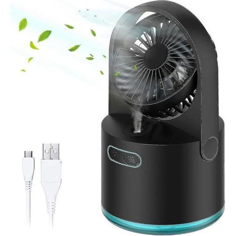 Mini-Ventilator mit Sprühfunktion, schwarz, 3 Geschwindigkeitsstufen, 300 ml Wassertank, USB-Anschluss, leise (30 dB) – KZQ (1/4)
