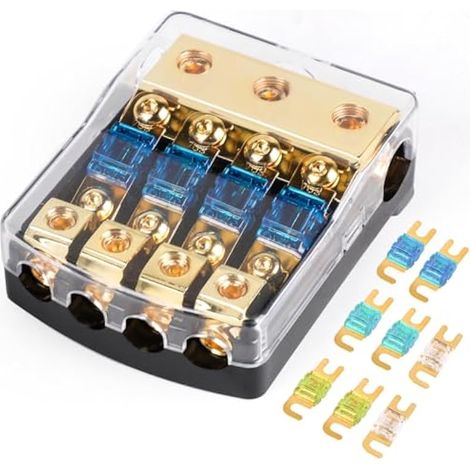 Mini Fusibles ANL 4Vías, Portafusibles 12V avec Entrée 0/2/4 Gauge et Salida 4/8 Gauge, Fusibles 30A-100A, Para Autorradio y Batería de Coche (1/5)