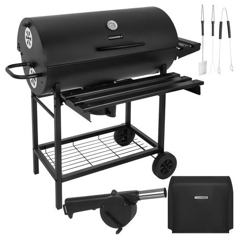 Holzkohle-Gartengrill mit Abdeckung, Thermometer und Ablagen
