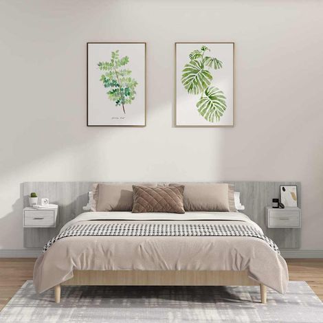 vidaXL Cabecero de cama y mesitas madera contrachapada gris hormigón (1/5)
