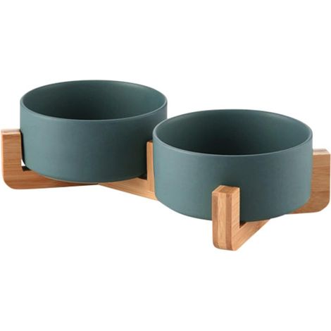 Gamelle Double en Céramique avec Support en Bambou Antidérapant, Design Élégant et Durable, Capacité 2x400 ML, Vert, Modèle Bon Appetit (1/2)