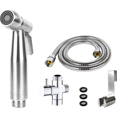 Ensemble douchette bidet - Douchette bidet en acier inoxydable brossé - Comprend flexible, raccord en T et support mural (1/5)