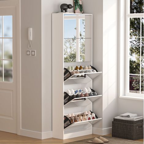 Mueble zapatero con espejo, 5 compartimentos abatibles, hasta 30 pares, blanco HAVRYA (1/5)