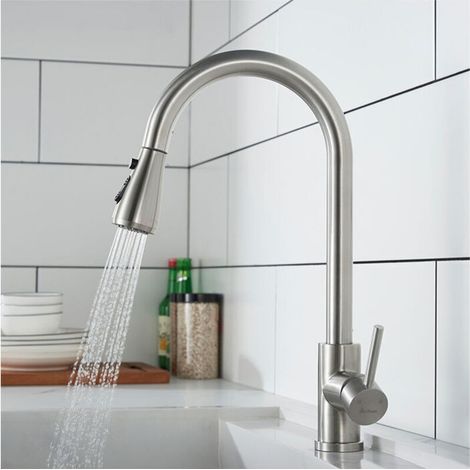 Robinet de Cuisine avec Douchette Extractible Mitigeur Cuisine Brossé en Acier Inox Robinet d'évier pour Cuisine Rotatif à 360° avec 3 Modes (1/5)