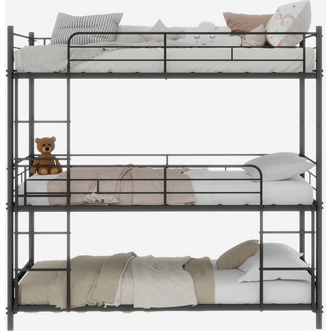 Lit triple robuste avec échelle et barrières, sans matelas, noir