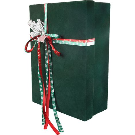 Coffret cadeau de Noël (35 x 25 x 12 cm, vert sapin), décoré de pommes pour le réveillon de Noël (couvercle et fond en velours rouge), emballage cadeau en velours. (1/2)