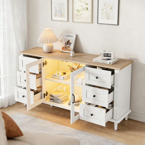 Credenza con 2 Ante in Acrilico, 6 Cassetti e LED per Soggiorno e Sala da Pranzo, in MDF, 150×40×75 cm (1/5)