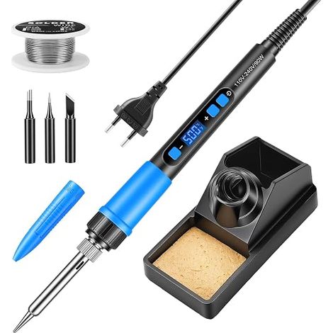 Soldering Iron Kit, 90 W Soldering Iron, Temperature Regulation, Digital LCD 180-500°C, Supplied with 3 Tips, Tin Wire, Stand, Protective Cover and Auto Sleep Mode (Blue) (1/5)