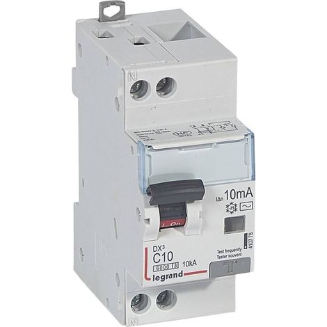 DISJONCTEUR DIFFERENTIEL DX³ 6000 VIS/VIS U+N 230V 10A TYPE AC 10MA 10KA COURBE C 2 MODULES LEGRAND 410778