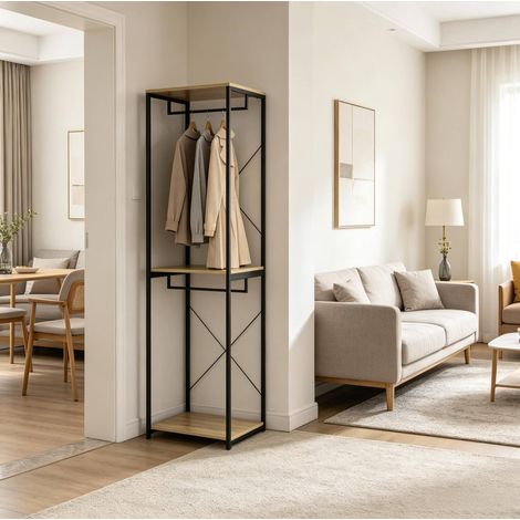 Offene Garderobe aus MDF und Stahl in Schwarz-Eiche mit 2 Kleiderstangen, 60 x 40 x 213 cm, freistehender Kleiderstander (1/5)