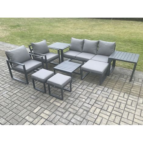 Fimous Aluminium Outdoor Lounge Sofa Set Garden Furniture Sets with Square Coffee Table 2 Chairs 3 Footstools 2 Side Tables Dark Grey 8 Seater (1/5)