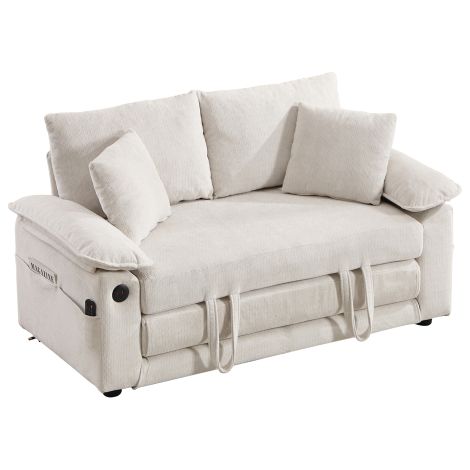 Canapé futon 3‑en‑1 convertible 58 pouces rembourré, canapé‑lit pliable avec poches latérales, blanc pour salon (1/5)