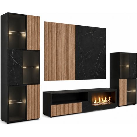 Ensemble meuble TV Cannes 2 R-K cheminée bioéthanol et vitrine LED - MDF noir, chêne Viking, marbre noir - 280 x 182 x 45 cm - Livraison gratuite (1/5)
