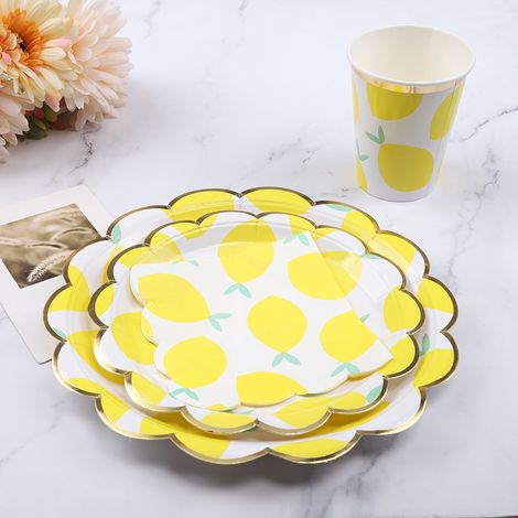 Lot fête citron jaune vaisselle papier jetable assiettes 23cm 18cm tasses 270ml serviettes 25cm mariage anniversaire 8 assiettes grandes 8 petites 8 tasses 16 serviettes (1/5)