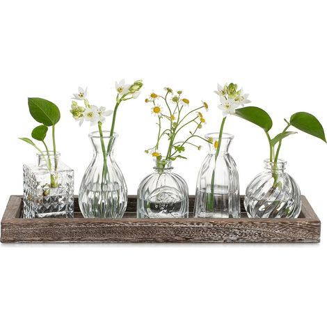 Mini Vase en Verre Decoratif - Set de 5 Soliflore avec Plateau en Bois pour Centre de Table - Style Vintage Design pour Decoration Interieur (1/5)