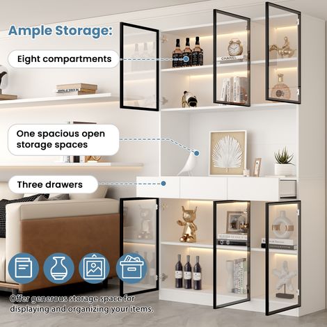 Armoire vitrée 200cm de haut, meuble de rangement blanc avec éclairage LED, bibliothèque multi-étagères pour collection, chambre, salon, bureau - cadre de porte noir. (1/5)