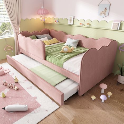 Letto giorno per bambini 90x190 cm con letto estraibile, in velluto rosa, rete a doghe, senza materasso (1/5)