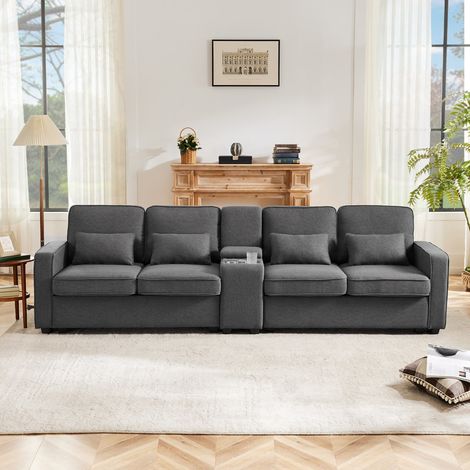 Canapé 4 places en tissu effet lin gris foncé, console, 2 porte-gobelets, 2 ports USB, poches latérales et 4 coussins, 290 cm (1/5)