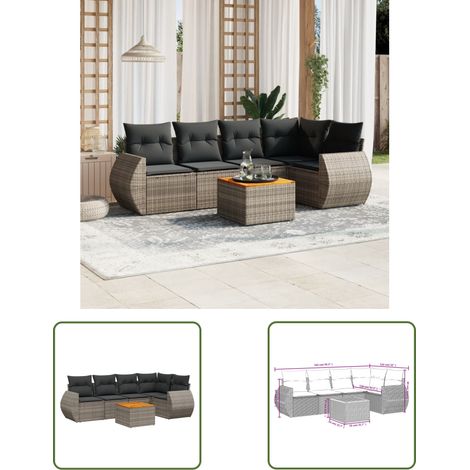 The Living Store Salon de jardin 6 pcs avec coussins gris résine tressée - Ensemble Salon De Jardin - Meuble Extérieur - Résine Tressée - Rotin Synthétique - Acacia (1/3)