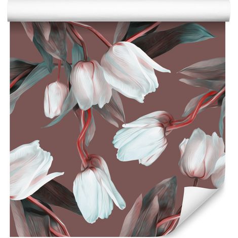Papel pintado de tulipanes con tallos rojos para salón y dormitorio, 50x1000 cm. (1/5)