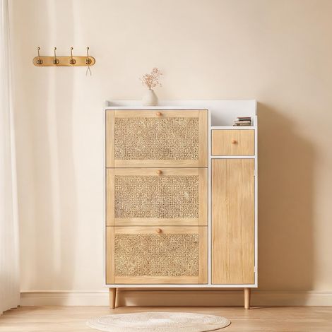 Meuble à chaussures 3 portes et 1 tiroir en rotin et MDF blanc (1/5)