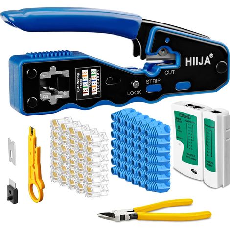 RJ45 Tool Kit - Crimping Pliers, Network Cable Tester, Stripper and Wire Cutter, 50 CAT6 Connectors and 50 Boot Covers, Cat5/Cat5e/Cat6 Compatible (1/5)
