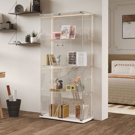 Vitrine en Verre Trempé 4 Étagères avec bande lumineuse LED et 2 portes, Vitrine Armoire de Collection à Serrure, Vitrine Sur Pied Transparente 360°, 78.5x35x163cm, Blanc