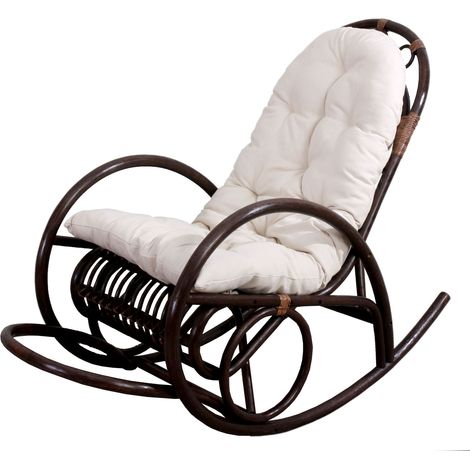 [NEUWERTIG] Schaukelstuhl HHG-648, Schwingsessel Rattansessel, braun Auflage weiß