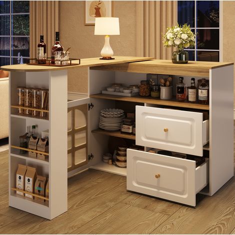 Mesa bar extensible 138-204x39x104 cm blanca en MDF con giro 360°, 2 cajones, estante lateral y puerta de vidrio (1/5)