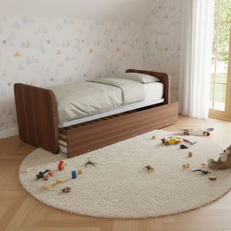 Letto singolo con letto estraibile, trasformabile in matrimoniale. Testate personalizzabili, reti in acciaio e doghe in faggio - Noce canaletto