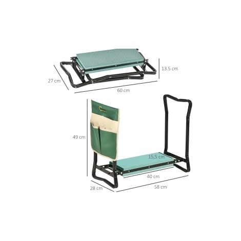 Banc agenouilloir de jardin pliable 58x28x49 cm en acier vert, gain de place pour jardin FloraGrace (1/5)