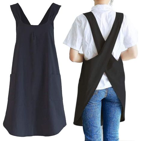 Tablier de cuisine japonais en lin, dos croisé, avec poches, pour homme, idéal pour la pâtisserie, la peinture, le jardinage et le ménage (noir). (1/5)
