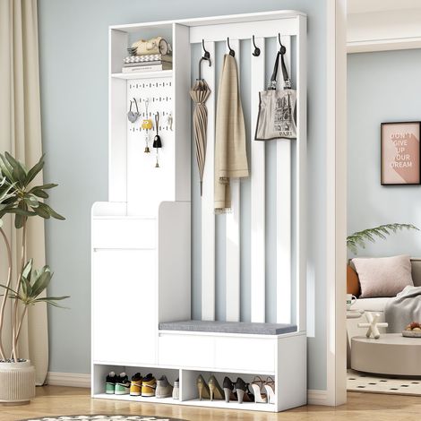 Ensemble d’entrée blanc 100 x 180 cm banc rembourré porte-manteaux étagère à chaussures (1/5)