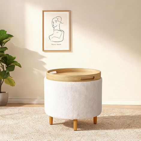Pouf coloris blanc en polyester MDF 56 x 56 x 42 cm (1/5)