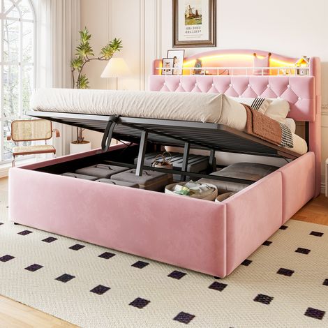 Lit capitonné 140x200 cm avec coffre de rangement hydraulique, revêtement velours rose, tête de lit lumineuse LED, ports USB et USB-C intégrés, rangements latéraux et sommier métallique renforcé (1/5)