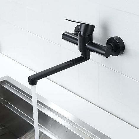 Wandmontierte Küchenarmatur, schwenkbarer Doppellochauslauf, Küchenspülenarmatur aus Edelstahl, geeignet für Warm- und Kaltwasser, schwarz.