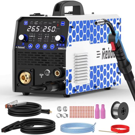 Poste à souder MIG 6-en-1 de 250 A, prenant en charge les modes MIG sous gaz / fil fourré, le soudage par points et l'utilisation d'une torche à bobine