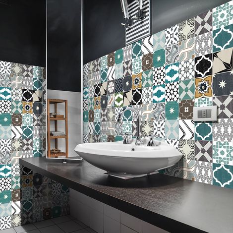 Sticker Mural Carrelage adhésif Cuisine Salle de Bain - 60 STICKERS CARREAUX DE CIMENT AUTHENTIQUES ALAMEA - 60stickers20x20cm (1/5)