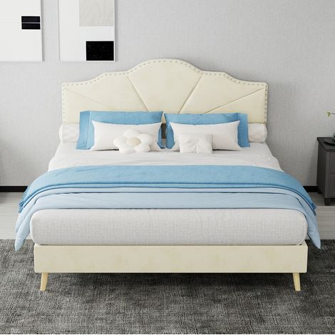 MEUBLIV Bett 140x200 cm beige – geometrisches Kopfteil, ohne Matratze (1/5)