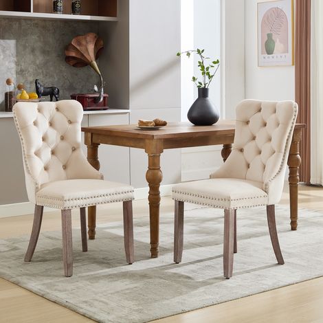 Modern Set of 2 Upholstered Velvet Dining Chairs, Button Tufted Kitchen Lounge Chairs with Brushed Wood Legs, Riveted Trim and Knocker Ring, for Dining Room Living Room, Beige (1/5)