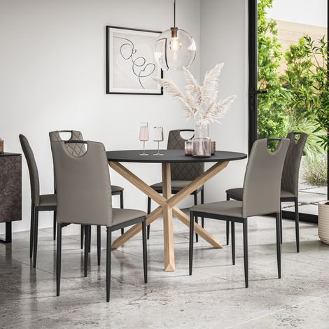 Malvern Round Dining Table And Chairs -  Black Table Top w Solid Oak Legs + Monza Faux Leather Dining Chair Set Of 6 (Grey) (1/5)