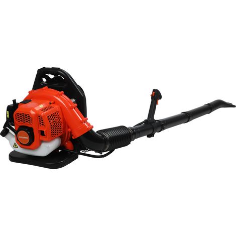 Benzinbetriebener Laubbläser, Zweitakt-Rückenbläser, 52 cm³, 6800 U/min, 550 CFM, 175 × 45 × 40 cm, orange.