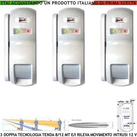 Doppia Tecnologia Tenda Dual Pir e Micronda Sensori di Movimento 3 Pezzi Portata 8/12 MT Rileva Intrusi Vano Finestra Esterno Interno Invia Allarme Aliment. 12 V 10 mA Cover Staffa ABS Bianca IP31 (1/4)