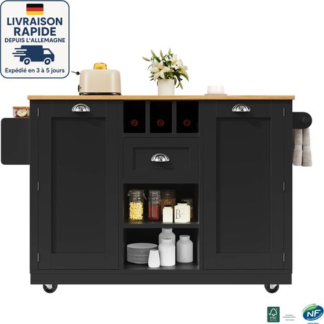 MODFU - Carrito de cocina con ruedas, aparador de 2 puertas y 1 cajón con almacenaje abierto, 140×70×93 cm, MDF, negro (1/5)