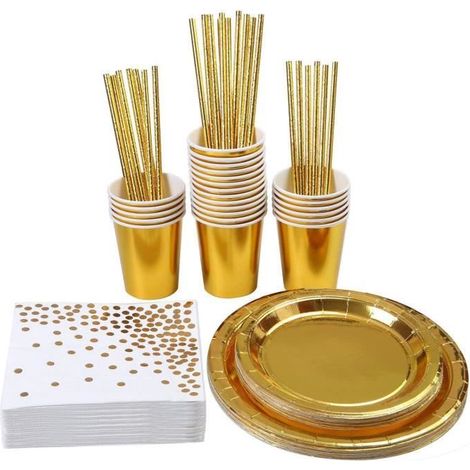 125 pièces vaisselle jetable or, assiettes 25 x 9 pouces + gobelets + pailles + serviettes, kit complet fête anniversaire mariage baby shower
