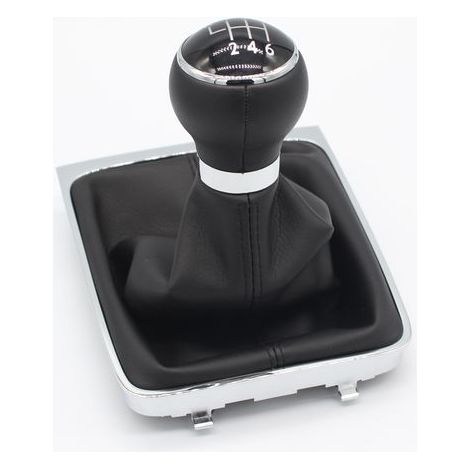 This kit includes a dust cover for the driver's side gear knob of a Volkswagen Passat B6. It features a wide cover, a leather lining, and a black cap. (1/4)