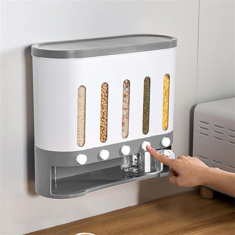 Distributeur de céréales mural - Boîte de rangement pour céréales sèches - Seau avec tasse (blanc gris) (1/5)