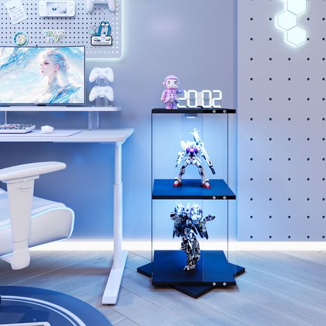 Vetrina espositiva in vetro per collezioni con 2 ripiani, girevole a 360°, illuminazione LED RGB, design moderno per soggiorno e ufficio, nera (1/5)